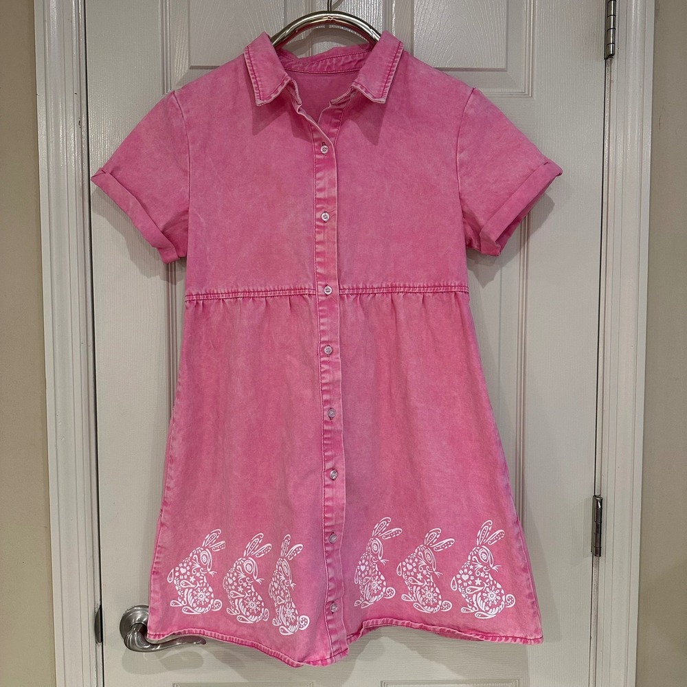 Pink Acid Wash Denim Button Front Tiered Dress Bunny Print Small